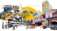 a collage of pictures of people in a city